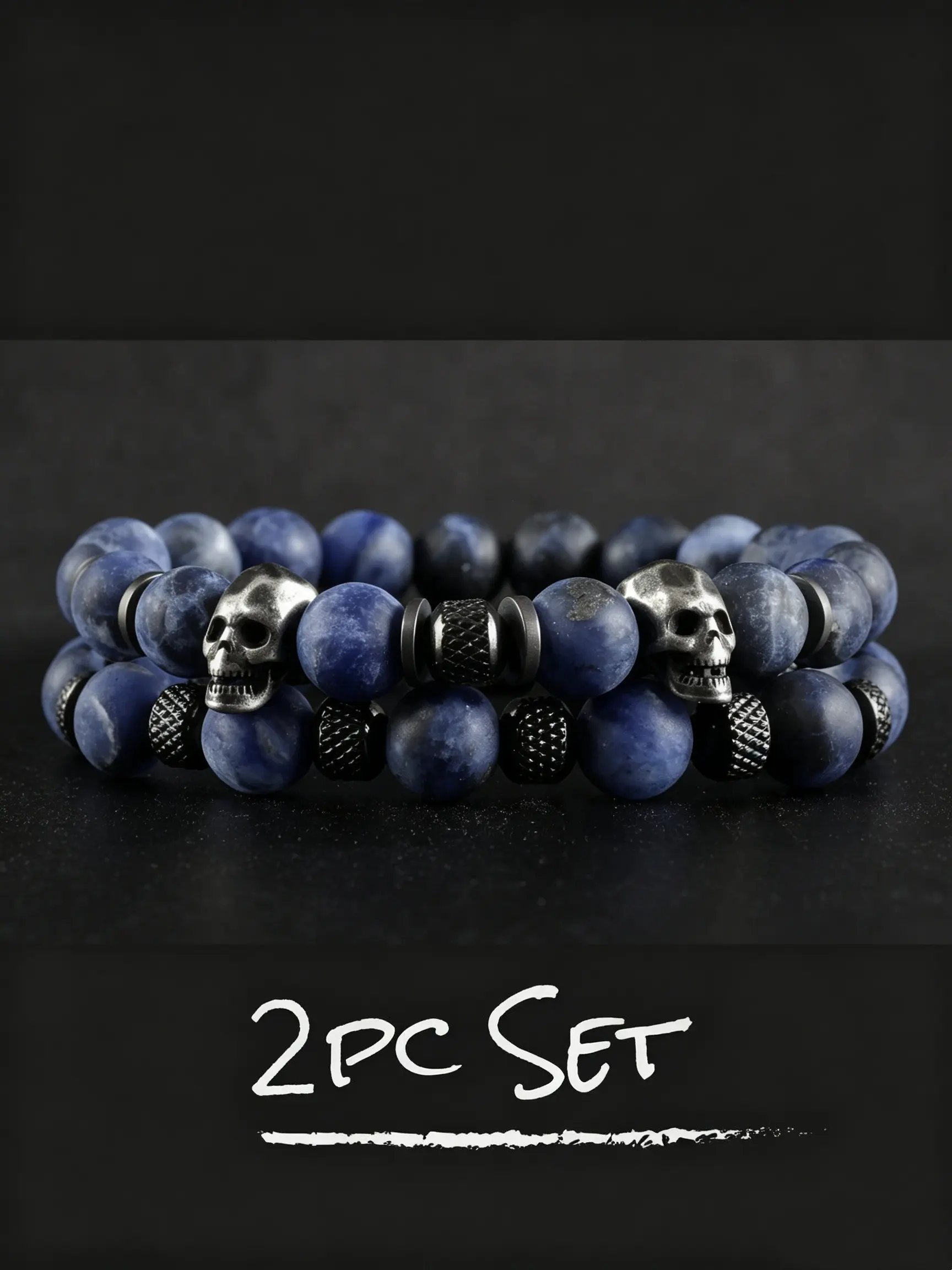 2pcs/set Blue Veined Natural Stone Men's Elastic Wristband, Stainless Steel Vintage Polygon Skull Bead Bracelet, Fashion Jewelry for Men Beaded Bracelet Set Adjustable Bracelet