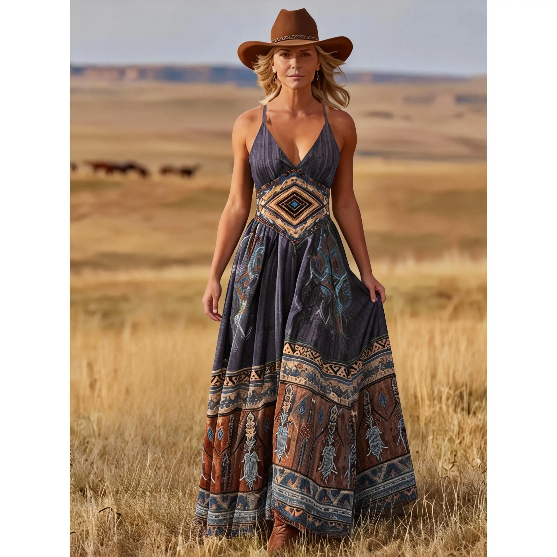Blue-Brown Bohemian Long Dress, Western-Style Camisole Dress with Hat, Ethnic Print Spaghetti Suspender Dress, Cowgirl Prairie Style Dress, Music Festival Cowgirl 2025 Trendy Music Festival Fashion Outfit, Desert Vacation Bohemian Dress, Y2K Western