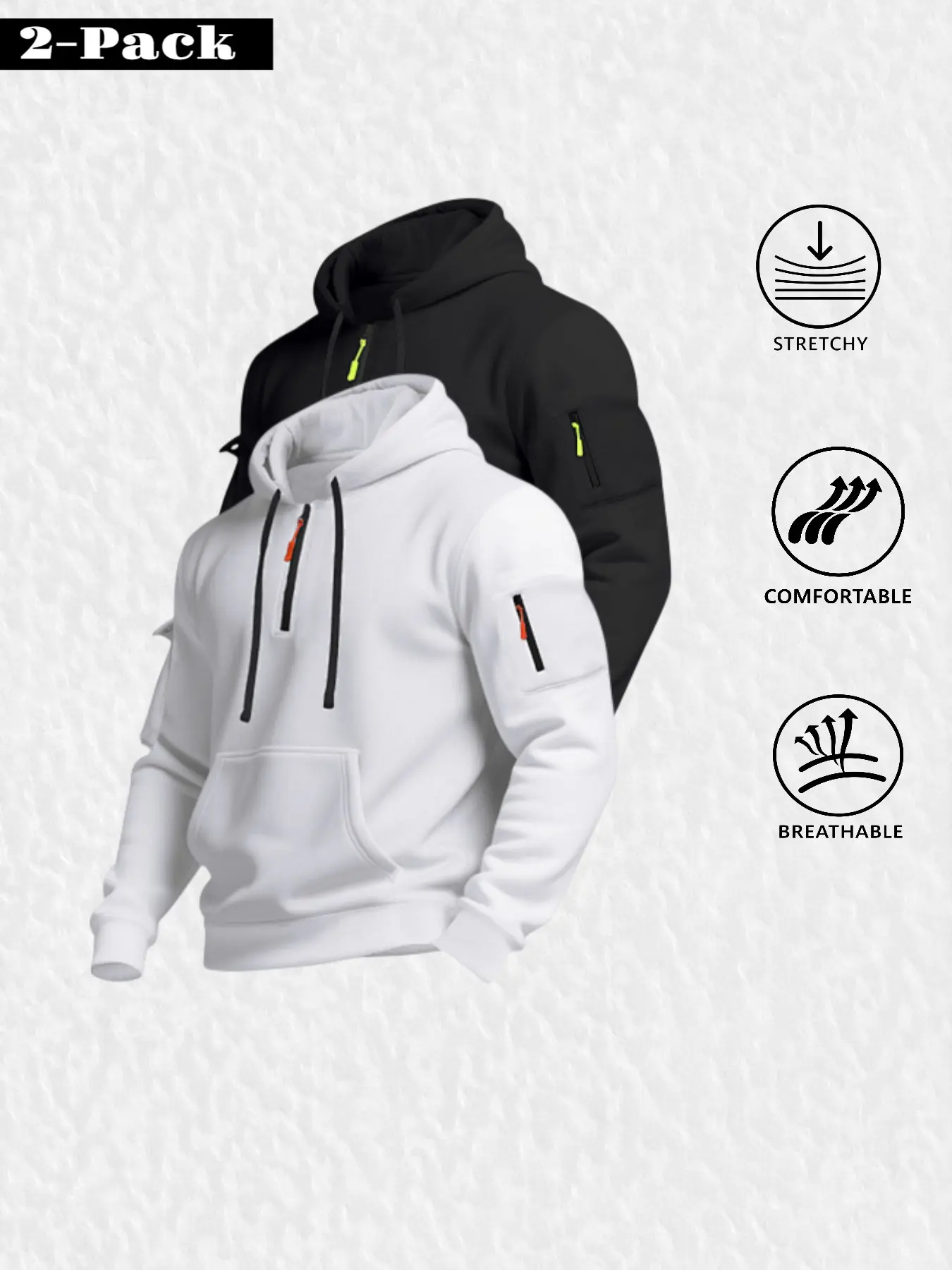 Men's Hooded Sports Sweatshirt Set, Tactical Style, High Elasticity, Breathable, Zippered Arm Pockets, Drawstring Design, Spring & Fall Outdoor Running Fitness