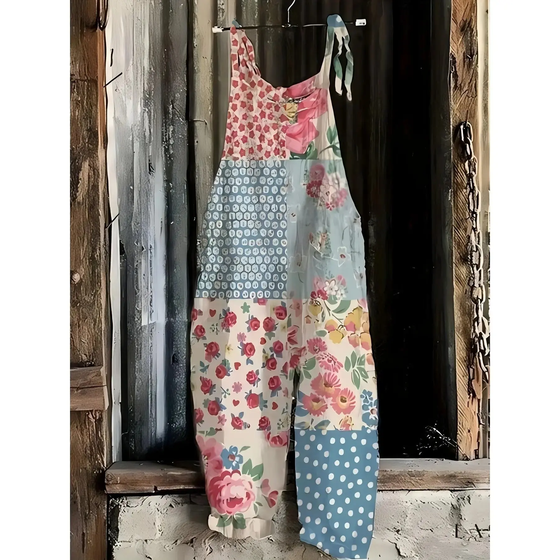 Women's Floral Print Overalls with Tie-Shoulder Detail - Casual, Stretchy Polyester Blend, Machine Washable