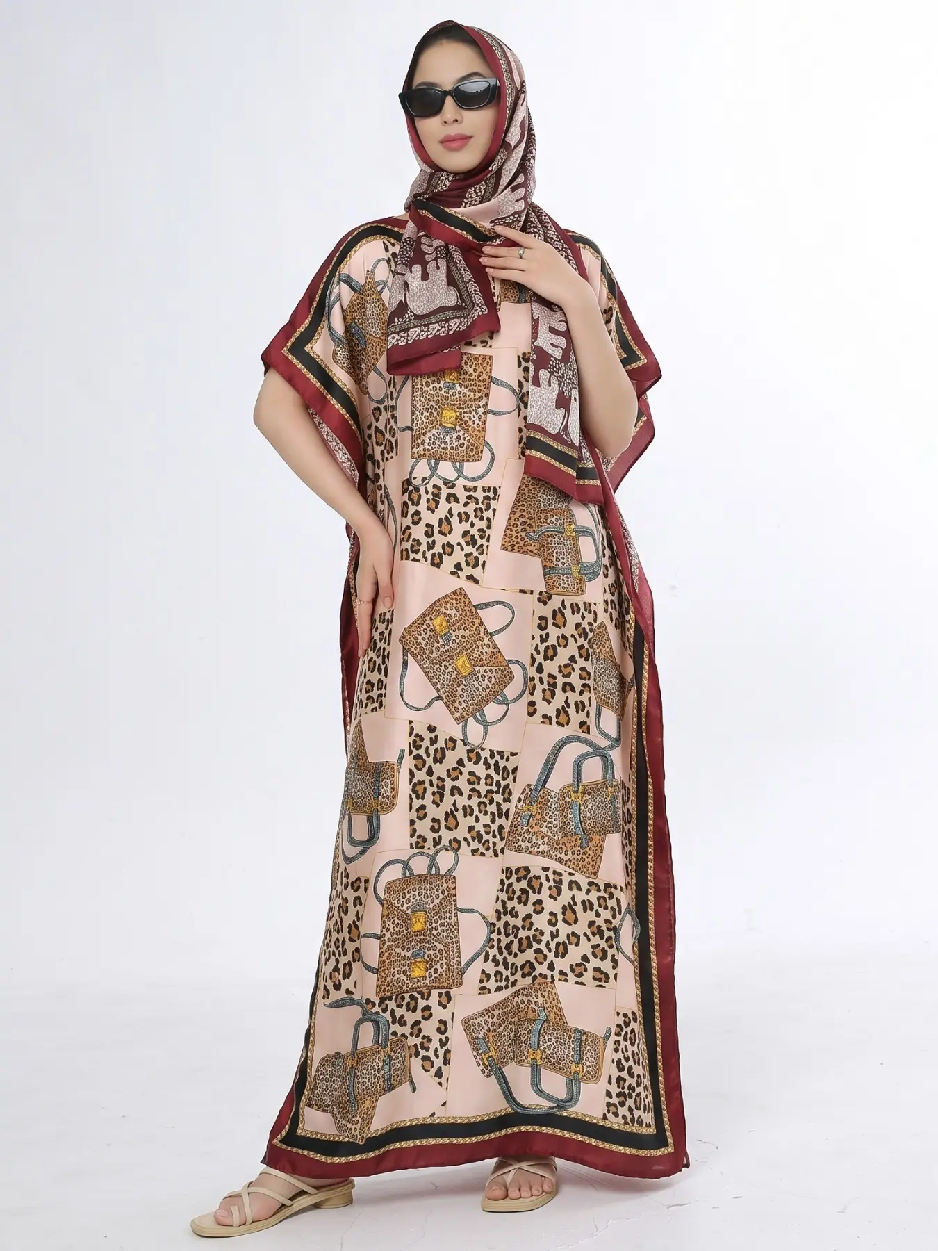 Women's Elegant Dynamic Print Silk-Feel Long Robe & Poncho Kaftan Set, Loose Satin Muslim Islamic Clothing Set Fashion Short Sleeve Maxi Dress & Scarf Two Piece Sets, Lightweight Going Out Outfit