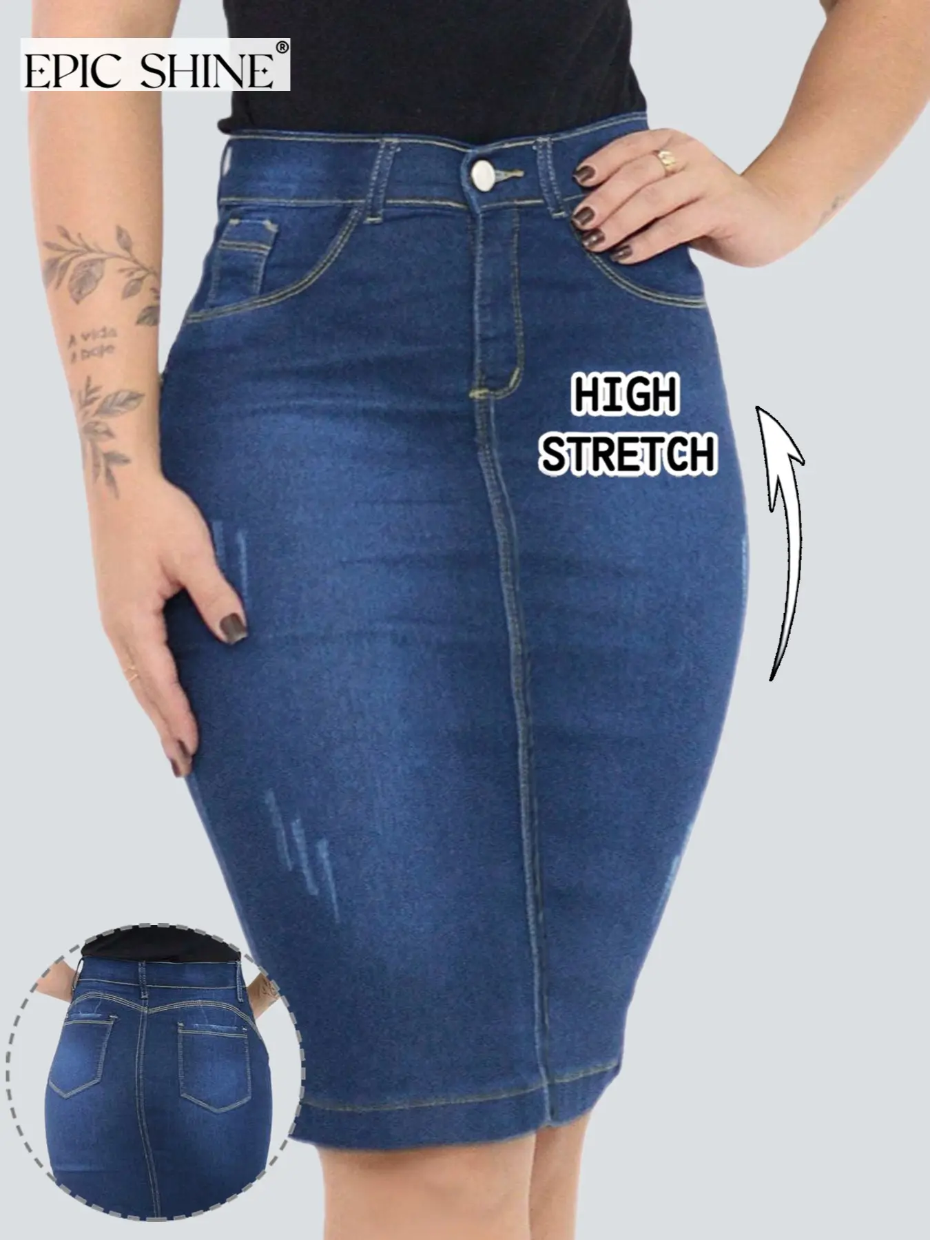 Women's High Waist Stretch Denim Skirt, Elegant Mid-Length Button Zipper Design, Versatile Casual Office Wear, Suitable for All Seasons, Stretchy Denim Skirts