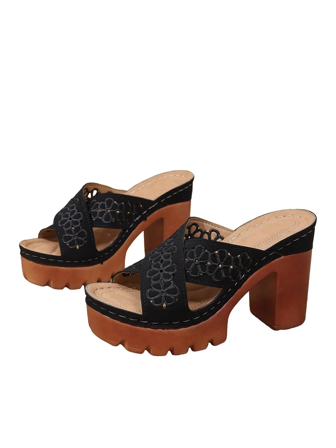Vacation Style High Heel Wedge Slippers, Embroidered Floral Design, Wave Texture Anti-Slip Sole, Strong Grip for Wet Surfaces
