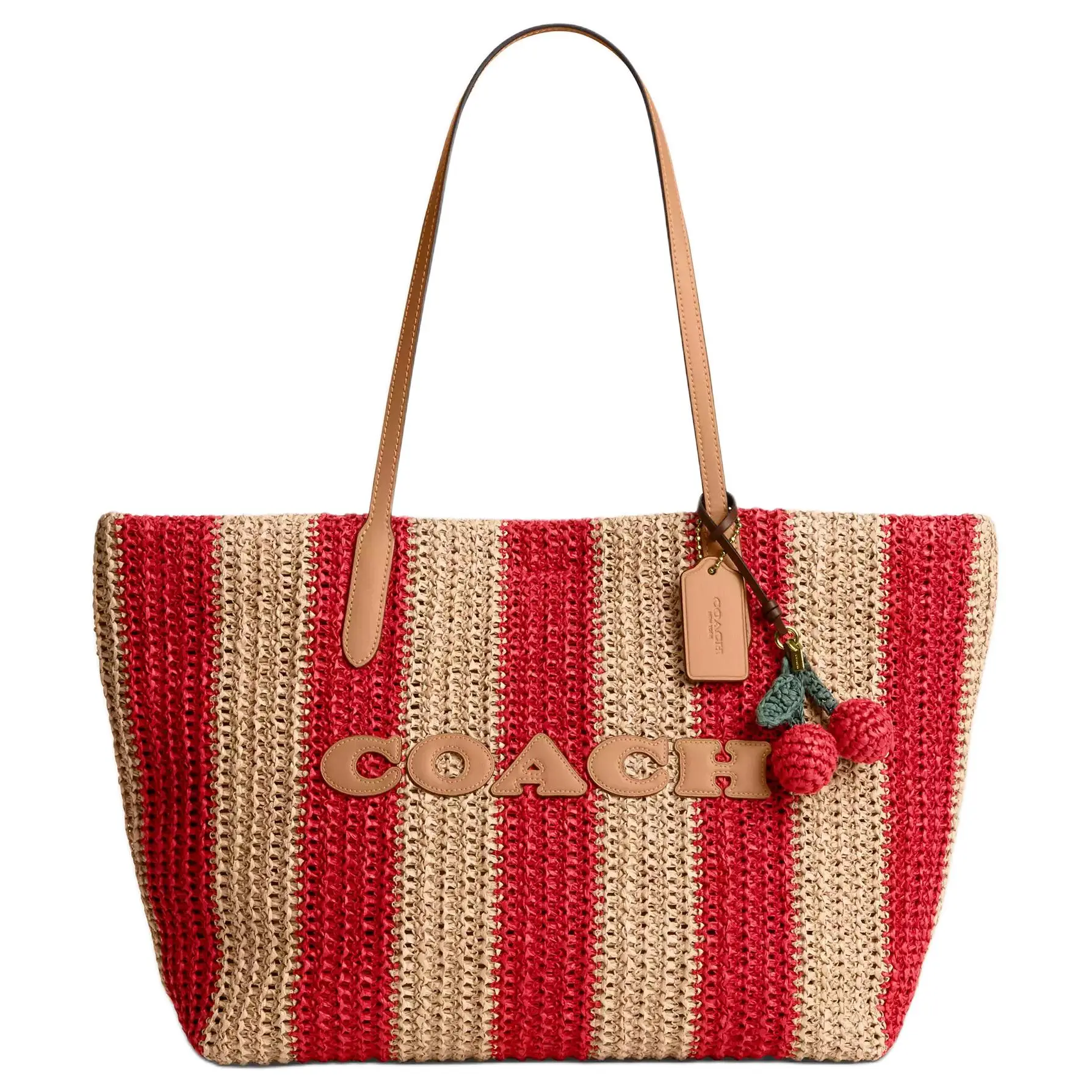 COACH City 33 Tote Bag for Women – Color-Block Woven Straw and Smooth Leather – Red and Brown