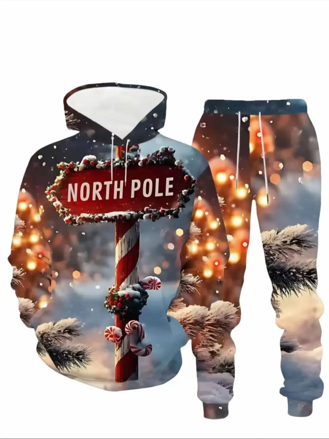 Men's Christmas set with Santa Claus portrait print, hooded sweatshirt and drawstring pants, suitable for Christmas, autumn and winter wear, unisex outfit for men and women