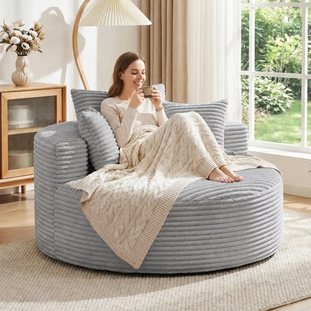 Aobtkel 55-Inch Oversized Round Chaise Lounge Chair - Indoor Furniture, Modern Corduroy Upholstered Boneless Couch with Armrest, Memory Foam Deep Seat, 3 Pillows, No Assembly (Light Grey) for Living Room, Bedroom (48hr Recovery)