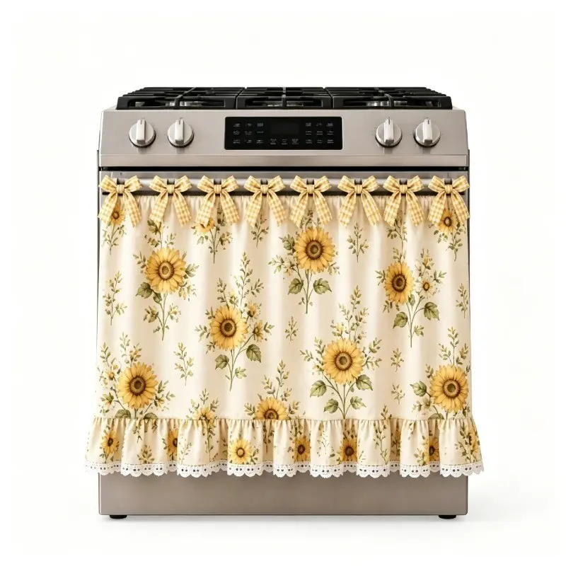 Handmade Oven Skirt Curtain and Stove Cover, Multi-Functional Dishwasher Curtains, Farmhouse Plant Print, Spring Kitchen Decor