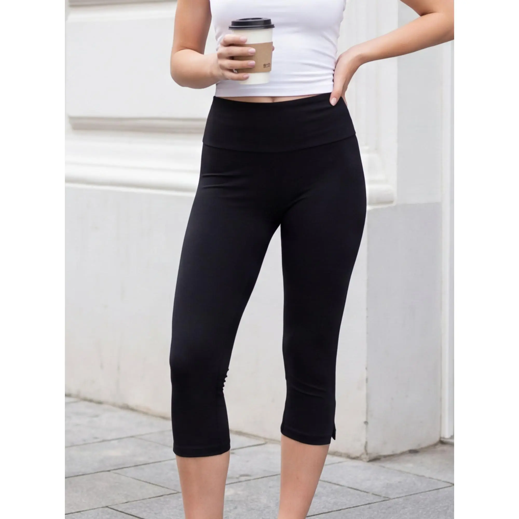 Women Solid Color Fold Over Waist Split Hem Capri Pants, Casual Fitted Cropped Trousers Fabric Spring