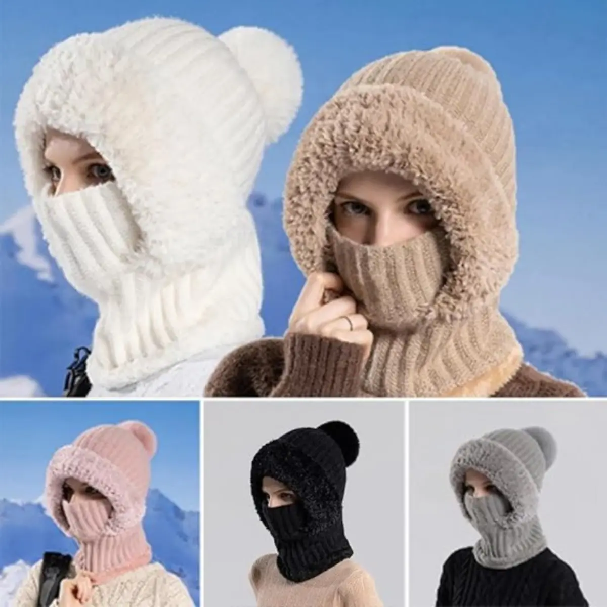 3-in-1 Knit Balaclava Hat – Women's Winter Beanie with Neck Warmer & Face Cover for Skiing, Cycling & Outdoor Wear