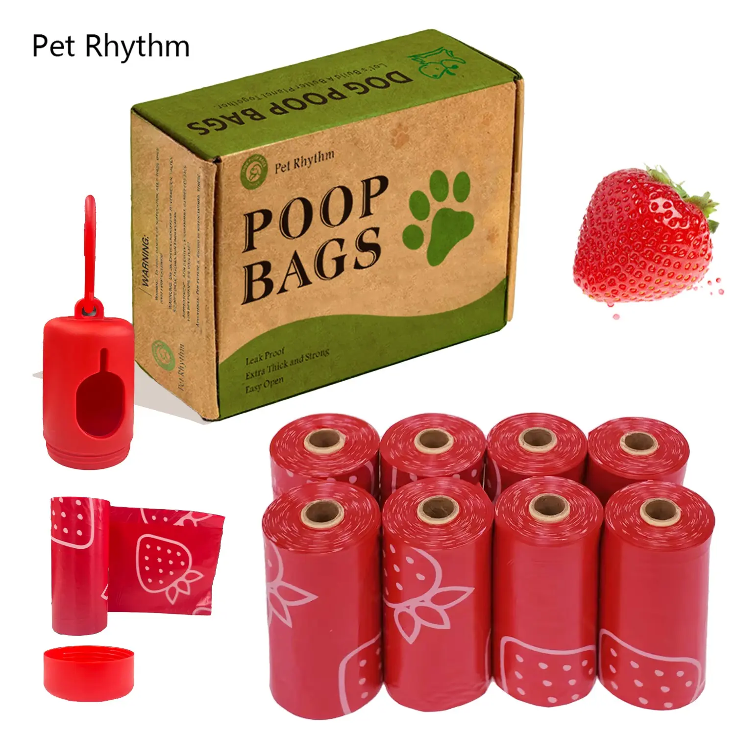 Biodegradable Dog Poop Bags Set, Strawberry Scent, Extra-Thick Leak-Proof Design, Portable with Dispenser Included