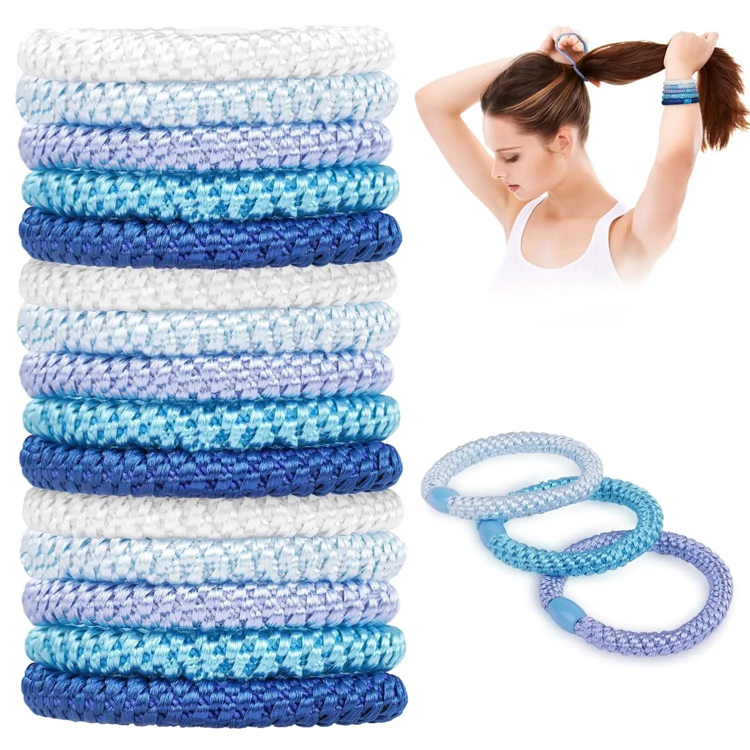 15PCS Elastic Blue Hair Ties for Women Girls, Cotton Bands Soft Woven Ponytail Holders for Thick Hair and Curly Hair, No Damage Hair Bands Bracelets Stretch Hair Bobbles, Blue series