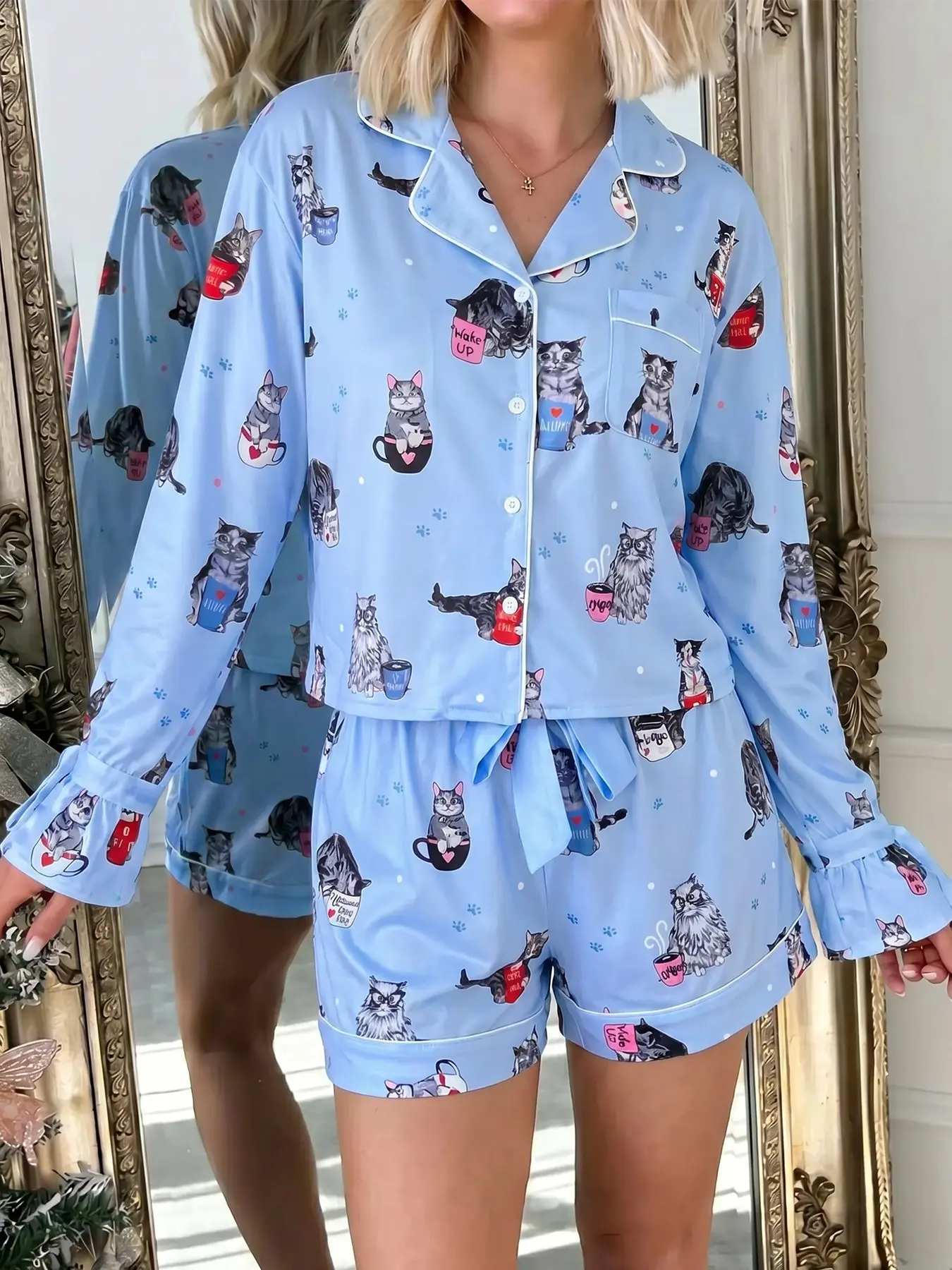 Women's 2-Piece Long Sleeve Fall Winter Pajama Set, Cat Print with Pockets, Comfortable Collared Top, Elastic Waist, Casual Home Wear
