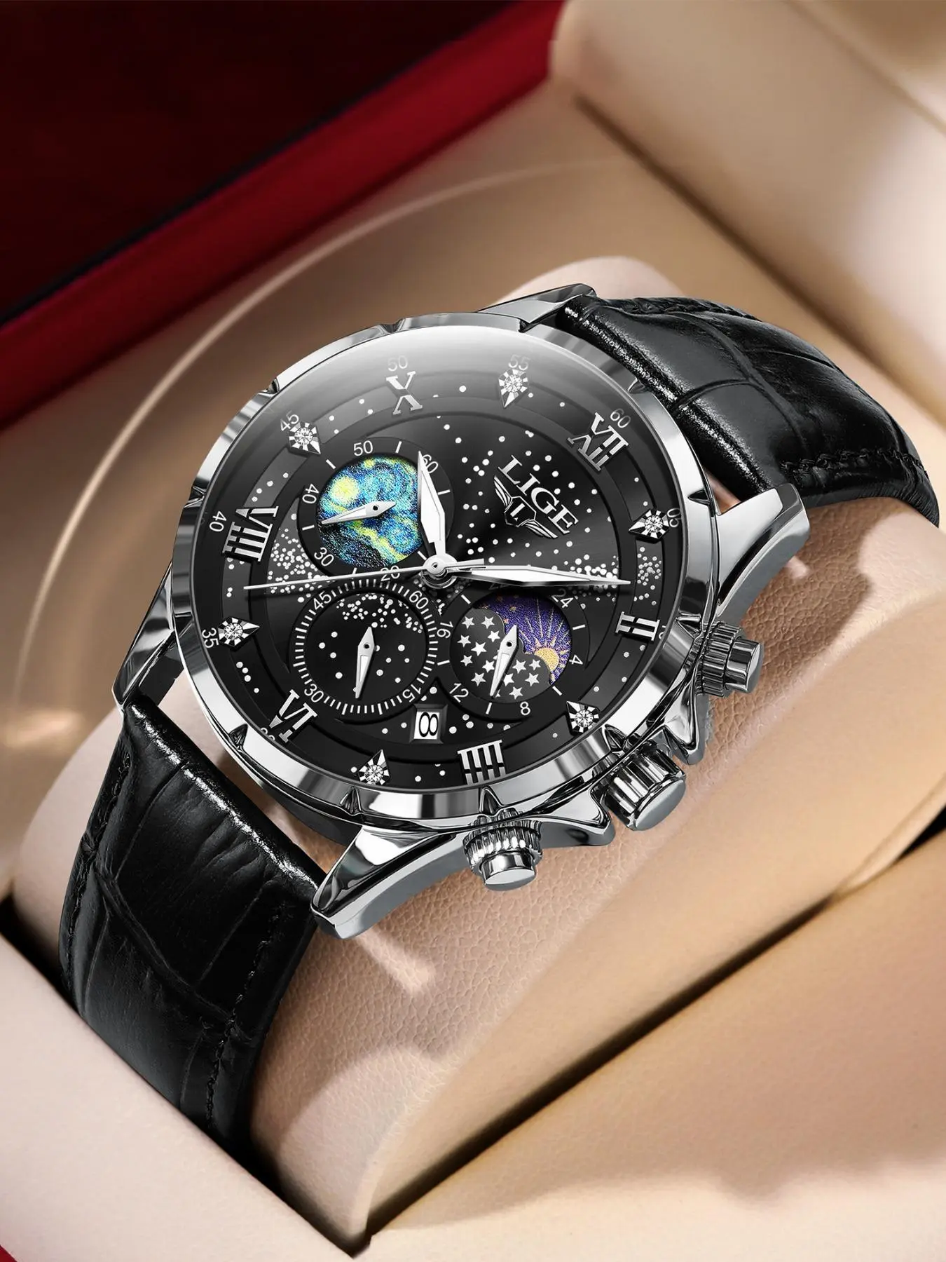 Men's Minimalist Business Fashion Pu Leather Strap Digital Hands Quartz Watch, Casual Round Dial Calendar Analog Wristwatch, Perfect Gift for Men, Quartz Analog Timepiece, with Box
