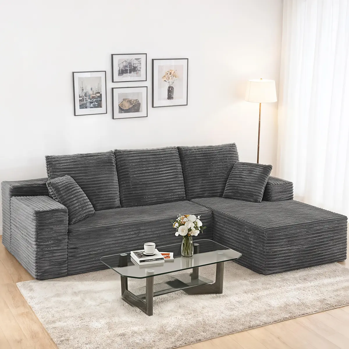 AobtkelModern L-Shaped Corduroy Sectional Sofa, No Assembly Vacuum Compressed Modular Corner Couch for Small Space Living Room, Grey Striped Fabric Chaise Lounge Sofa On-Site