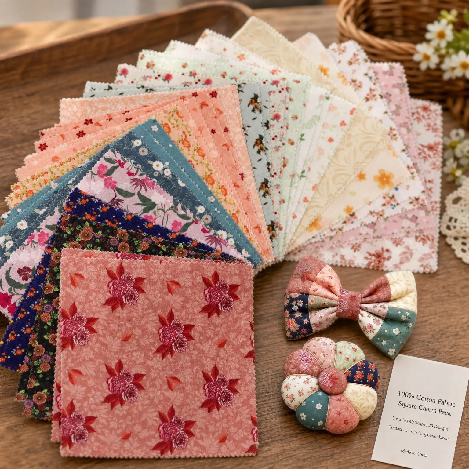 40-Pack 5" Pre-Cut Cotton Quilting Squares, 20 Floral Patterns, 160 GSM Plain Weave Fabric for Sewing & CraftsGift