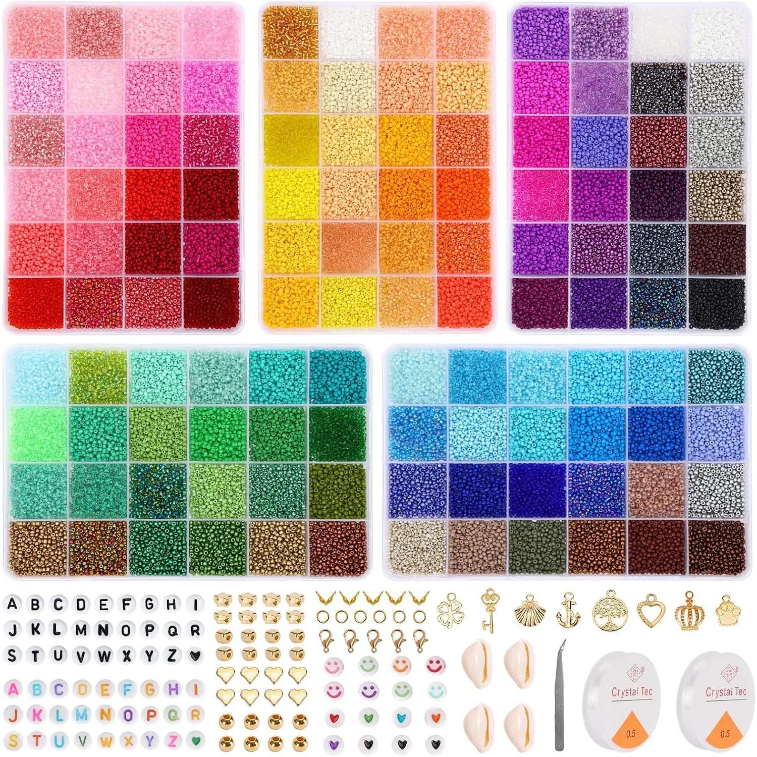 62000-Count 2mm Glass Seed Beads DIY Kit with 120 Colors, Accessories, Charms & Pendants for Sisters, Lovers, Daughters, Adults – Friendship Bracelets, Keychains, Rings, Necklaces Making