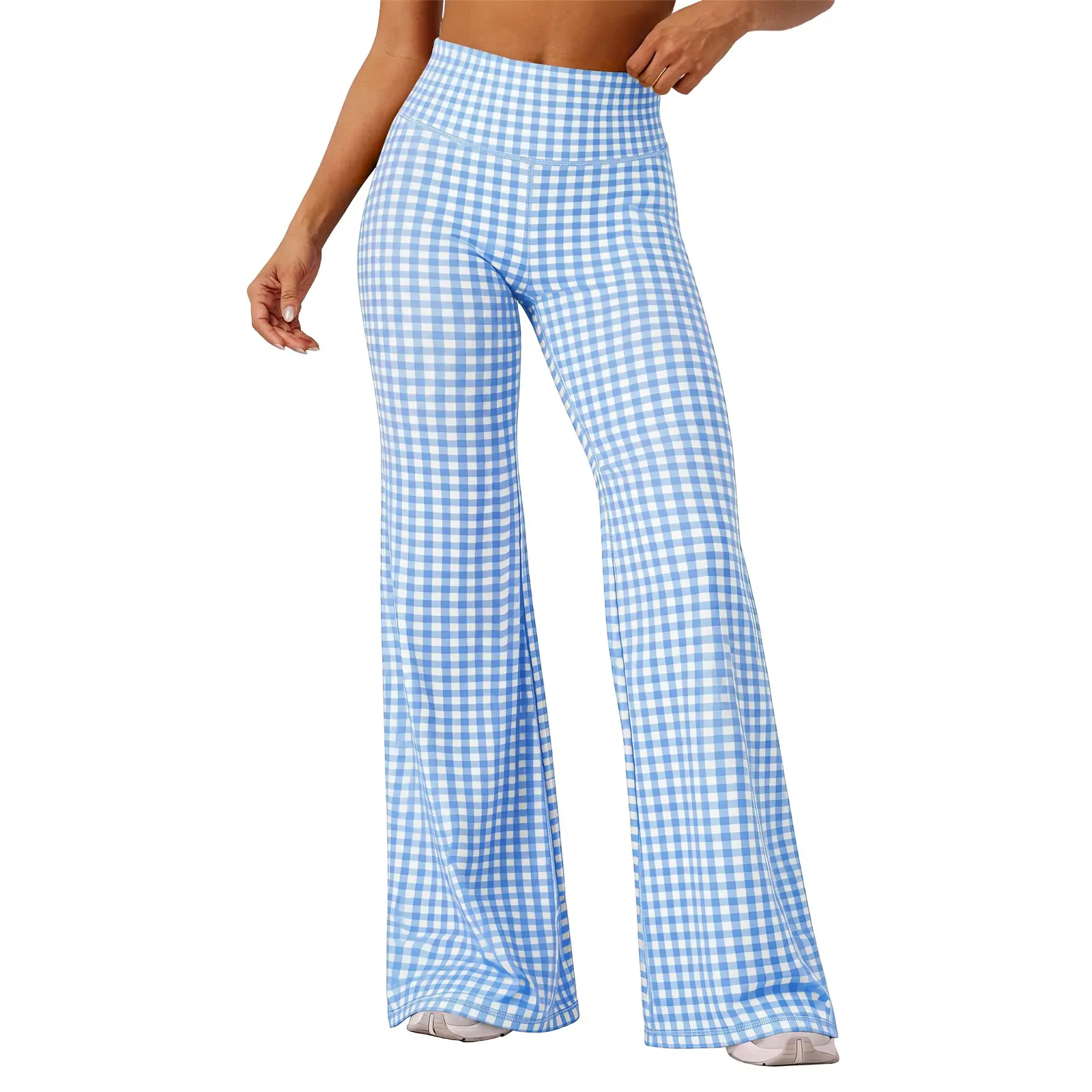 AOYSKY Women Plaid High Waist Flared Leg Pants, Soft Stretch Bootcut Yoga Leggings Casual Vintage Wide Bell Bottom Trousers