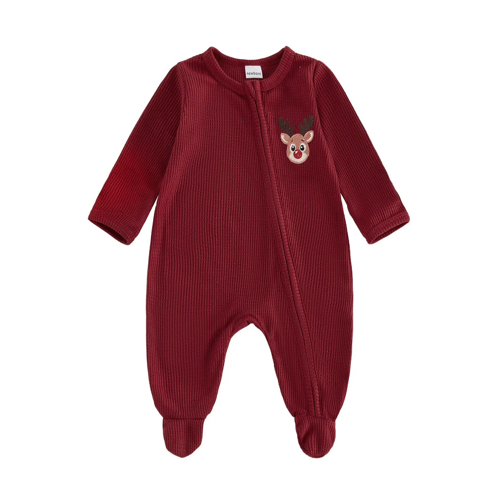 Babamoon Newborn Infant Baby Girl Boy Footies Jumpsuit Long Sleeve Zip-up Embroidery Jumpsuit Christmas Romper
