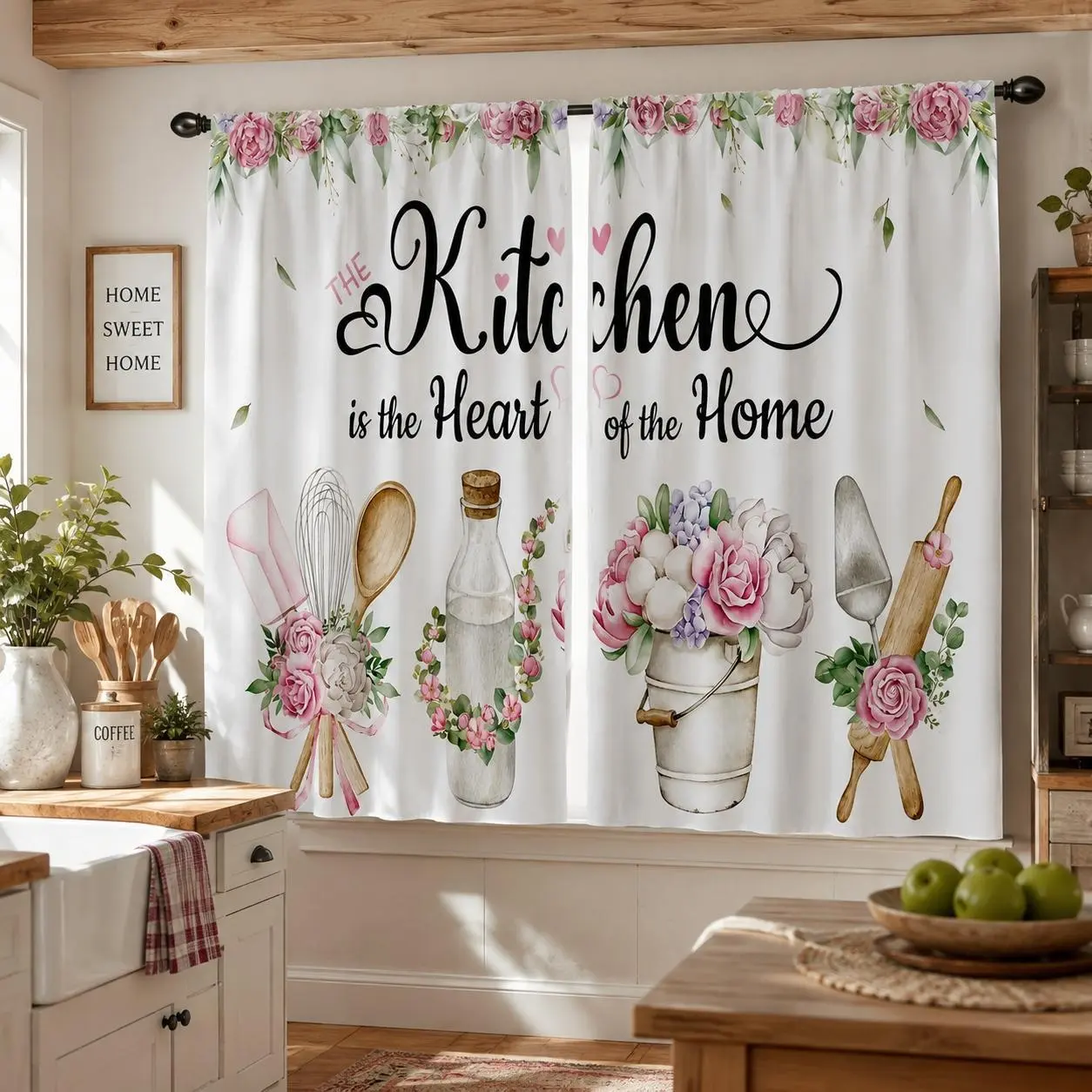 2-Panel 28"X40" Pink Rose Eucalyptus Kitchen Curtains - Vintage PVC Rod Pocket Curtains with Spring Butterflies, Funny Quotes, Botanical Prints, Wrinkle Resistant, Durable, Machine Washable for Farmhouse Home Decor, Home Decoration Curtain, Kitchen Decor