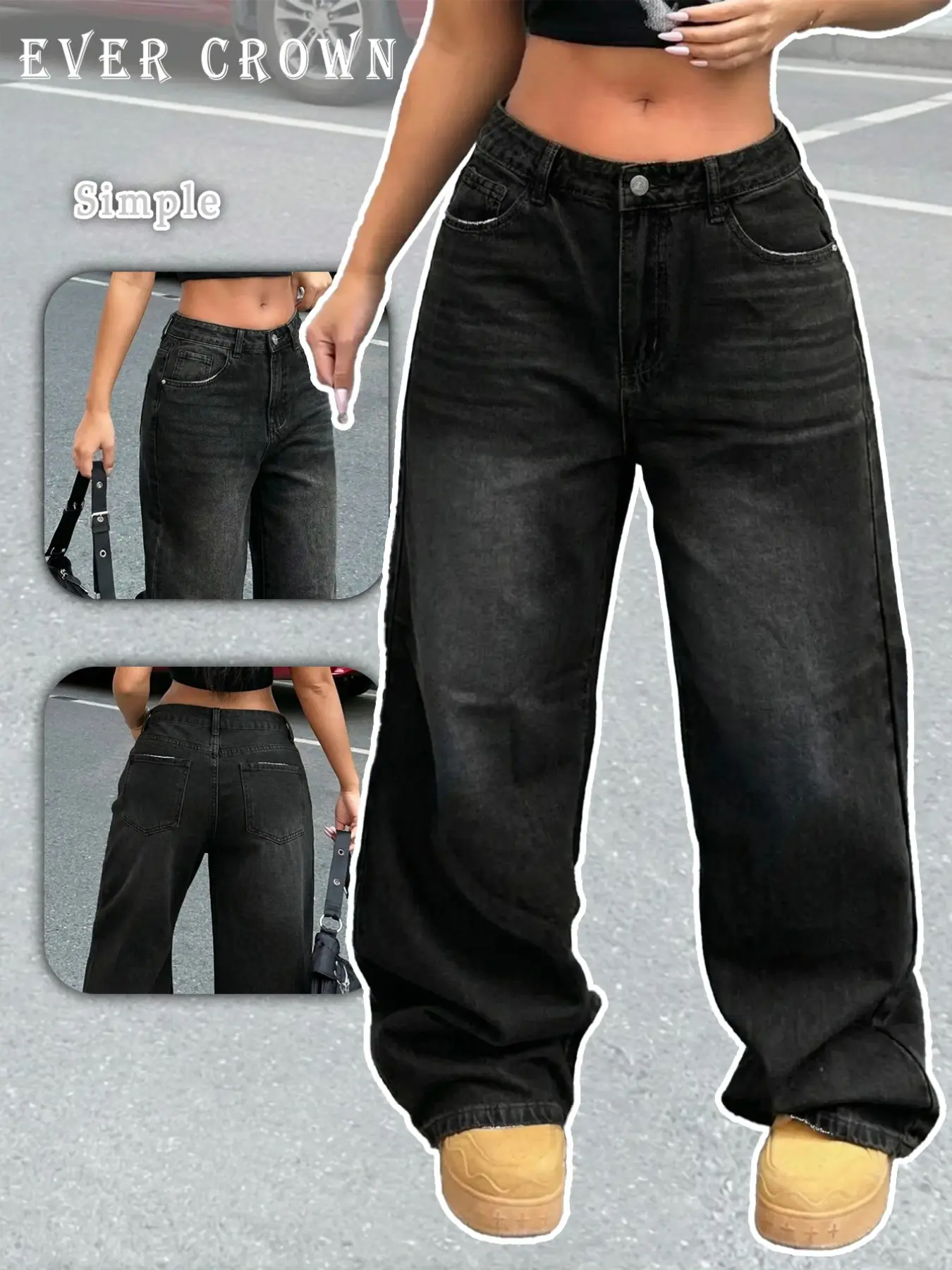 Women's Mid-Rise Loose Casual Denim Jeans, Dark Wash Distressed Rivet & Frayed Washed Design, New In