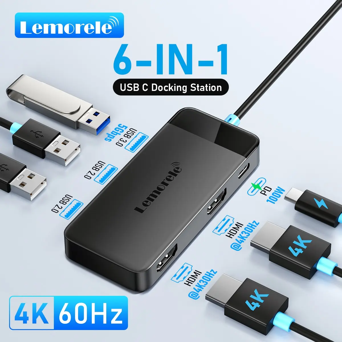Lemorele TC122 6‑in‑1 USB‑C Docking Station TC122, Dual HDMI 4K@30Hz Multi‑Monitor Hub, 100W PD Pass‑Through, 5Gbps USB3.0, for Windows Extended Display, MacBook Only Mirror Mode, Plug‑and‑Play for Laptops