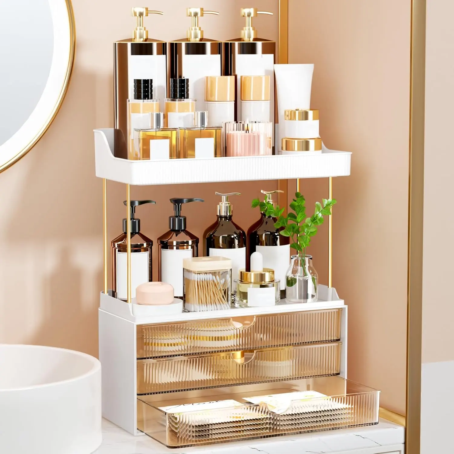 Amber 3-Drawer 5-Tier Multifunctional Cosmetic Storage Cabinet - Home Organizer Boxes, Bathroom Organizer for Countertop Vanity, Large Cap for Perfume, Skincare Products, Facial Masks