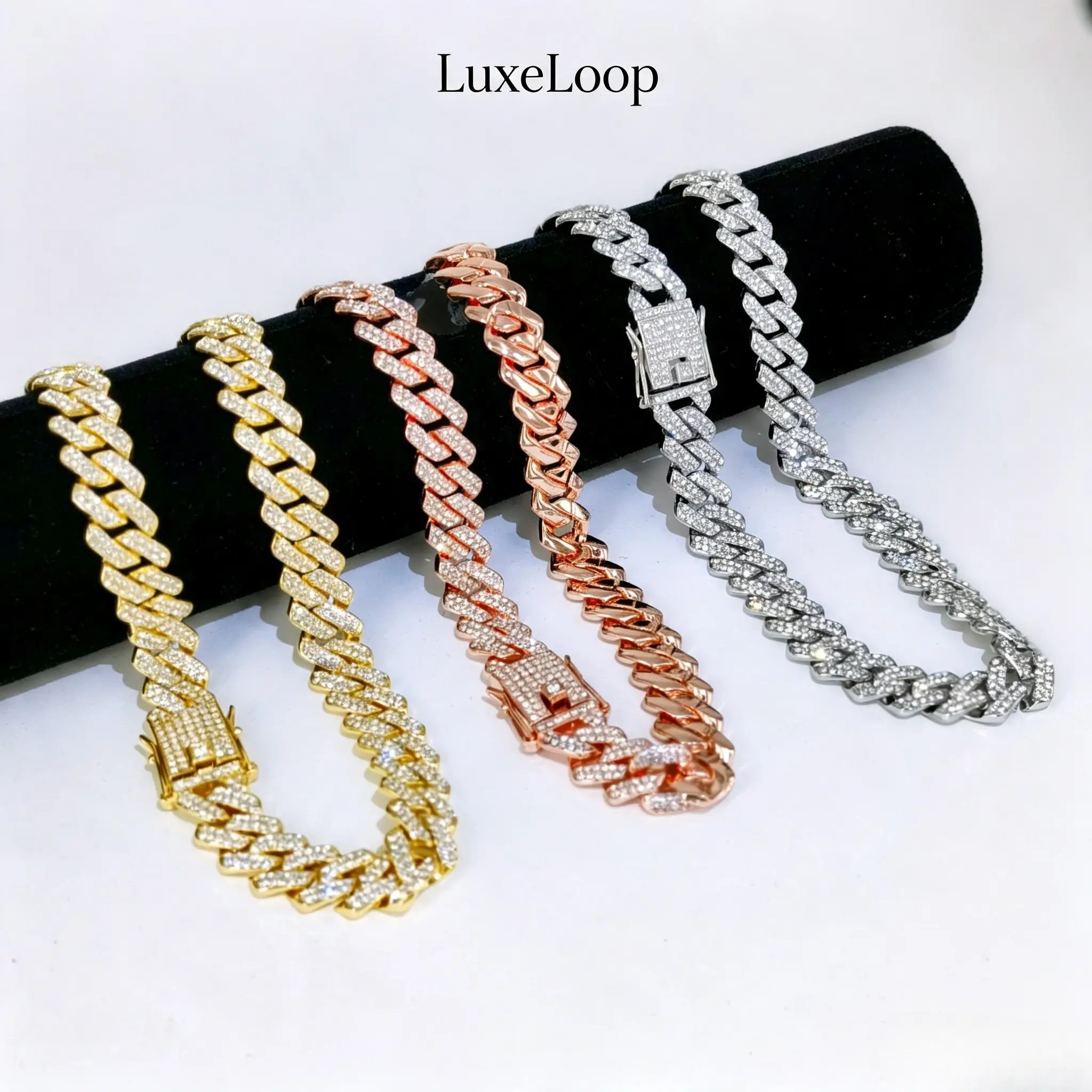 LuxeLoop Unisex Bust Down 14mm Prong Set Cuban Chain Full Paved Cubic Glass Crystal Gold Silver Rose Gold Tone Secure Box Clasp Stackable Y2K Coquette Aesthetic Hip Hop Drip Rapper Celebrity Style Daily Club Birthday Valentine Gift for Him Her