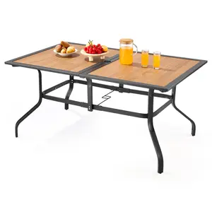 VEVOR Outdoor Patio Dining Table, 59 inch Long Rectangular Wood-Like Steel Slat Backyard Bistro Tables for 4-6, with 1.5 in Umbrella Hole, All-Weather Large Furniture for Lawn Garden Porch, Brown