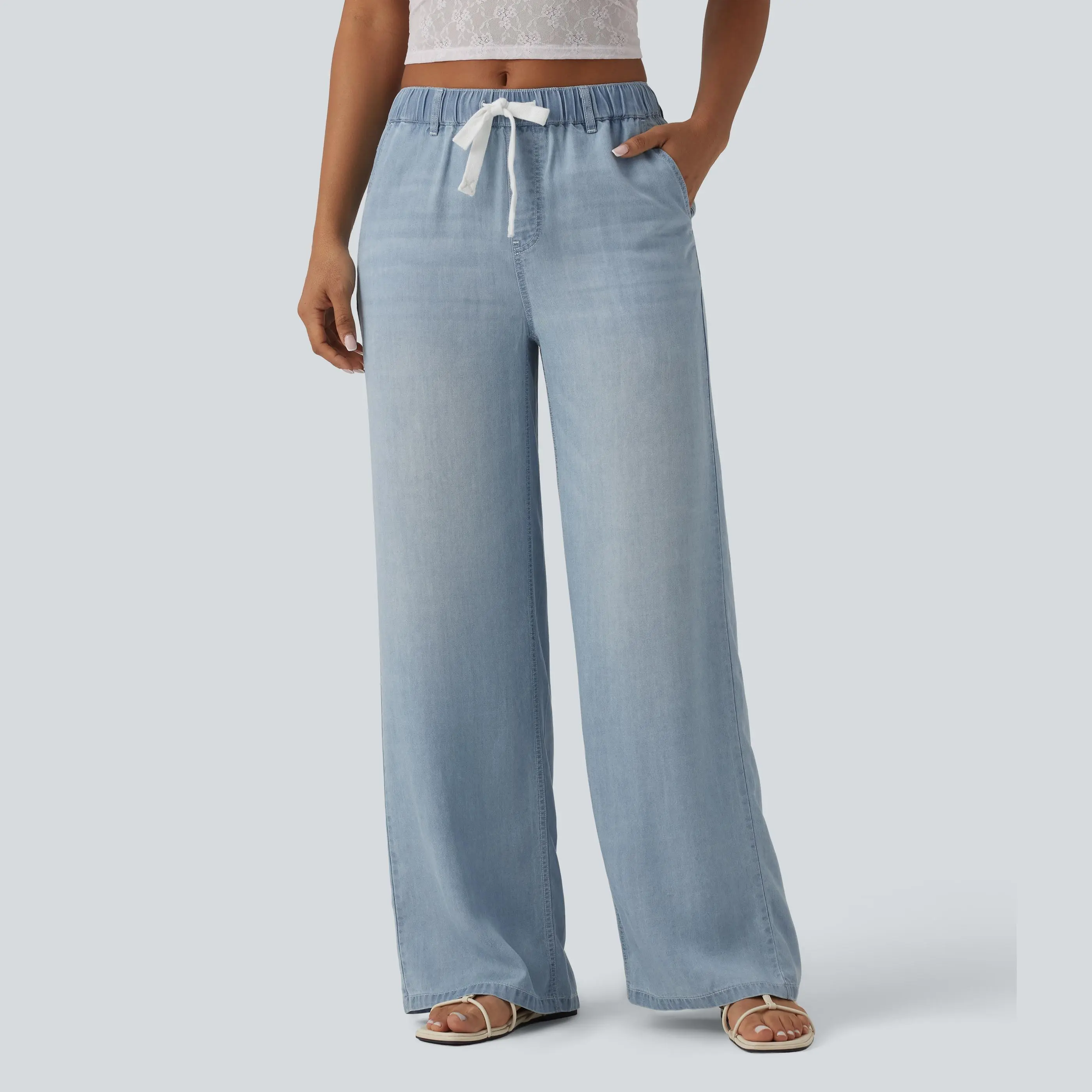 Halara Mid Rise Drawstring Casual Jeans with Pockets Halara Mid Rise Drawstring Casual Jeans with Pockets