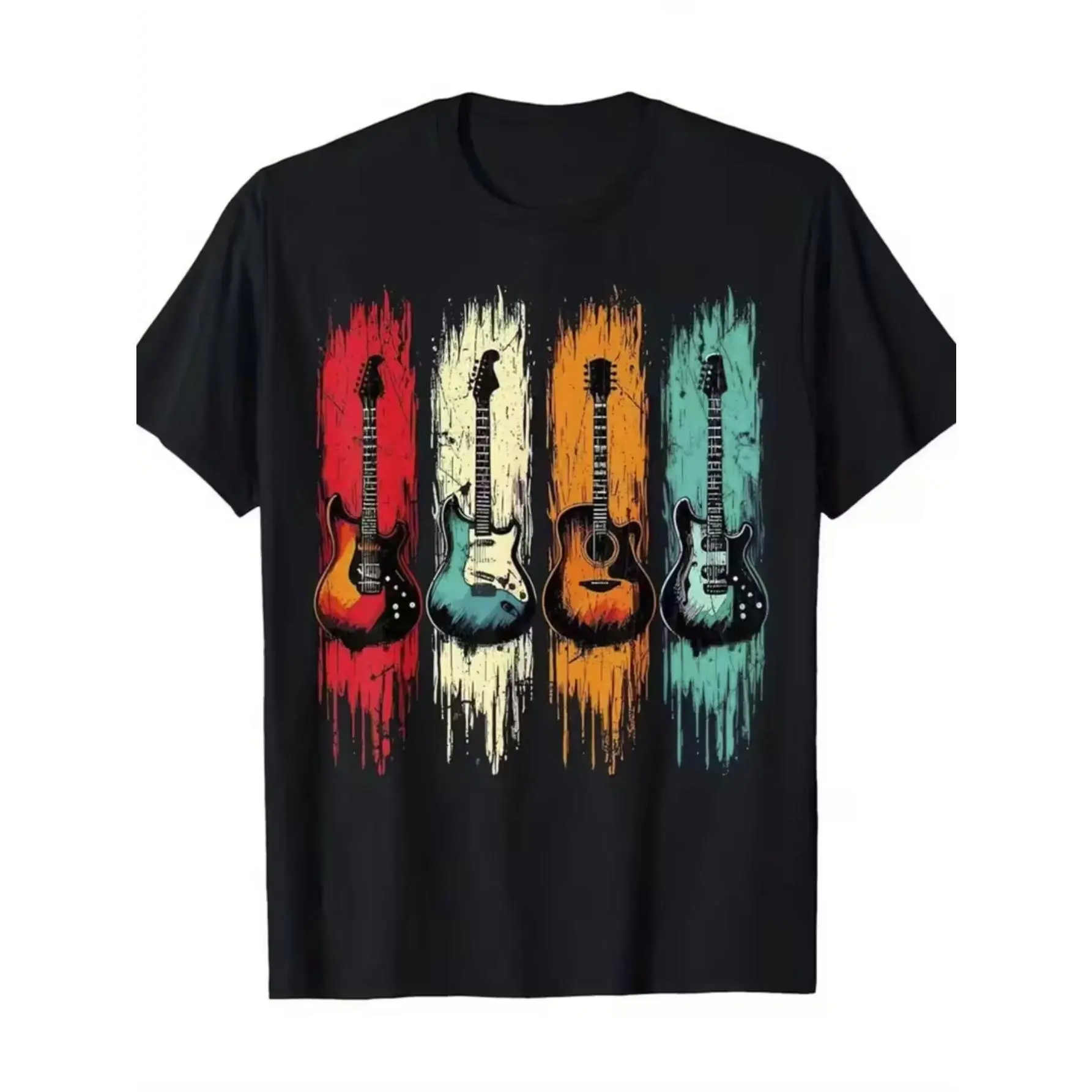 Four Guitars Vintage Brush Strokes T-shirt Retro Musical Instrument Graphic 100% Cotton Black S-3XL Men's Music Casual-Wear Guitarist-Gift