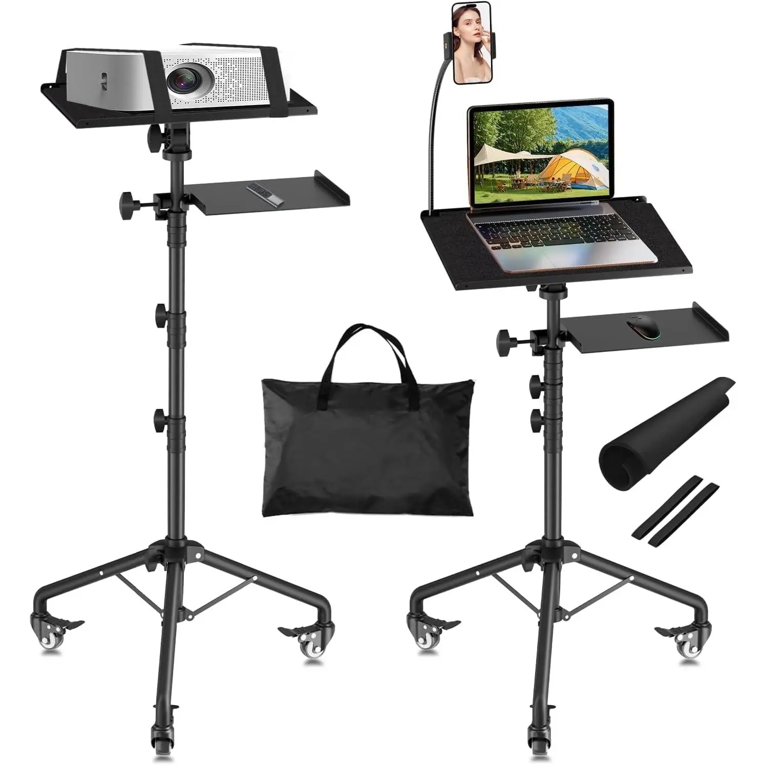 Adjustable Steel Projector & Laptop Tripod Stand with Wheels, 2 Shelves, Compact Folding Design, 26-49 Inch Height, Gooseneck Mobile Phone Holder for Office, School Audio-Video Equipment