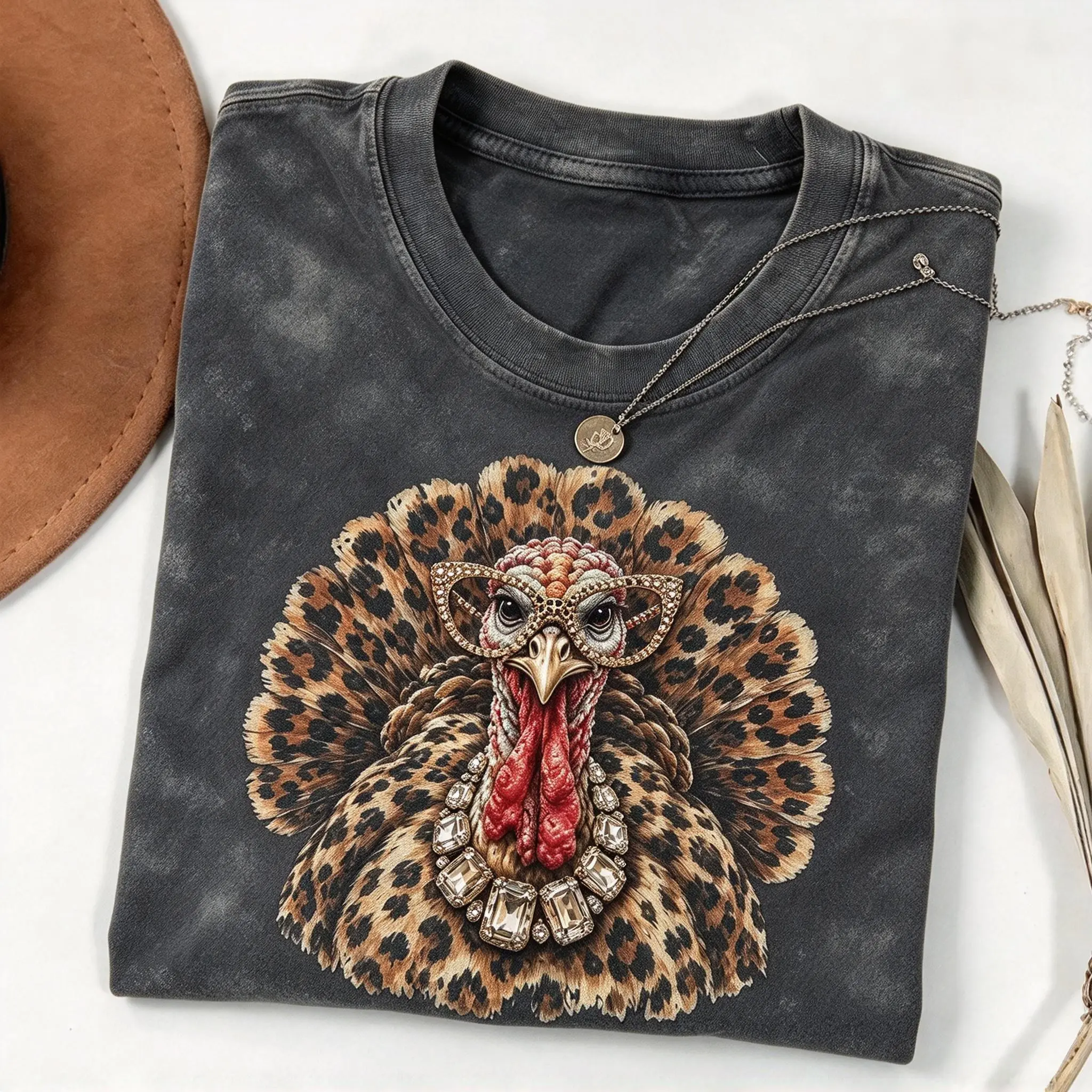 Fashion Casual Cotton Leopard Turkey Thanksgiving Washed Shirt - Rhinestone Glam Bling Graphic Tee or Blend Cotton Fleece-Hoodie, Breathable Fabric Everyday Sports Top, Luxury Fall Autumn Holiday Apparel