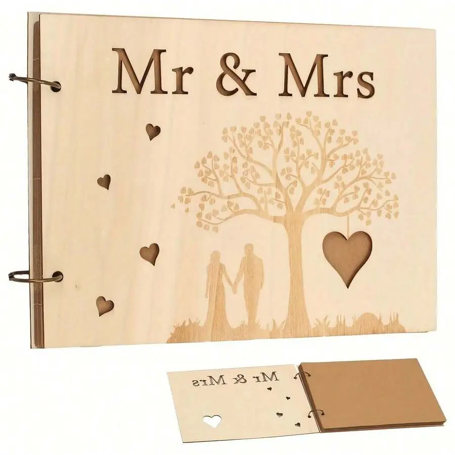 1Pcs Wooden Mr & Mrs Wedding Guest Book, Rustic Laser Engraved Couple Silhouette Hollow Heart Tree Scrapbook, Romantic Keepsake Ideal Gift for Wedding Bridal Shower Marriage Anniversary