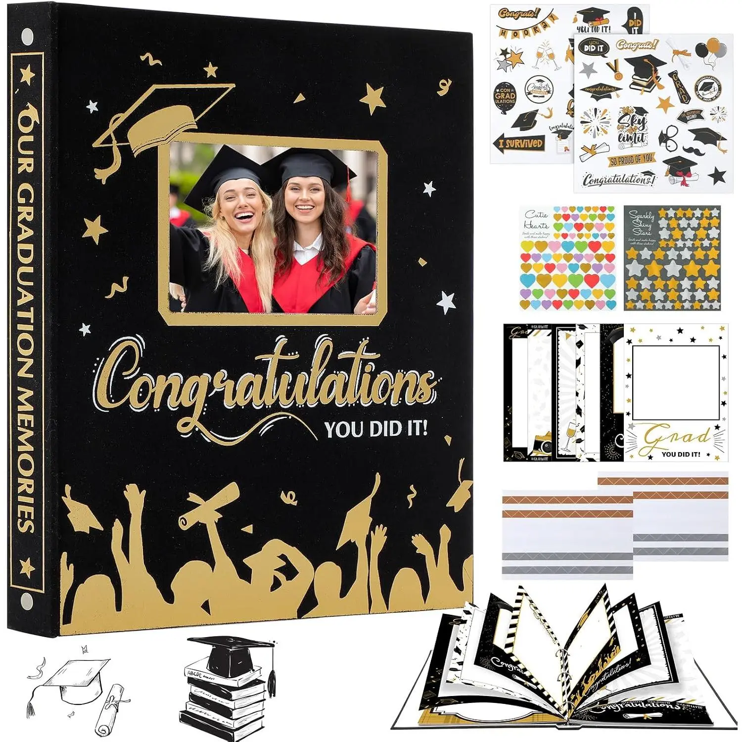 Graduation Scrapbook Kit A4 Photo Album 60 Pages Removable DIY Memory Scrap Book Grad Picture Album with Stickers Holds 4x6 5x7 8x10 Pictures for Grad Class of 2026 Graduation Gifts(Classic)