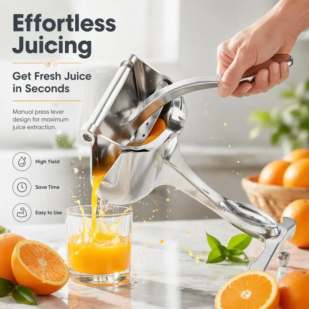 Thick Aluminum Manual Juicer, Lever Press Design for Oranges, Lemons, Pomegranates, Fresh Nutrient-Rich Juice at Home