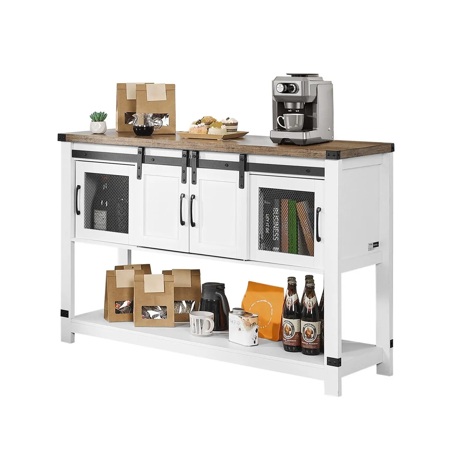 【DealsForYouDays】VEVOR Coffee Bar Cabinet, 47.3x 15.7x 32.7 in Farmhouse Coffee Bar Cabinet with 4-Tier Storage, Coffee Bar Table with Barn Doors, Farmhouse Sideboard Buffet Cabinet for Living Room, Entryway