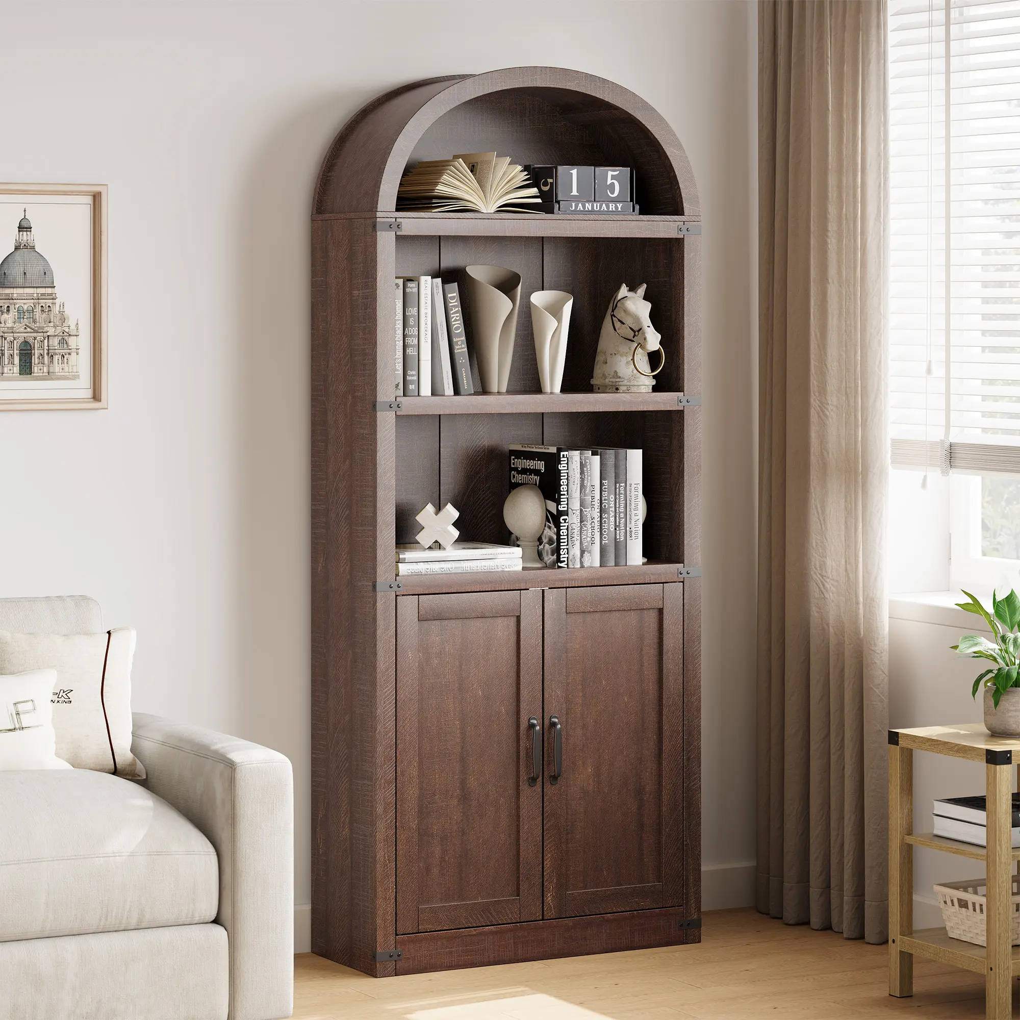 Farmhouse Arched Bookcase Cabinet – 71.65in Tall Wooden Bookshelf with Doors, 5-Tier Display Storage Rack for Home Office or Living Room – Vintage Library Arch Design