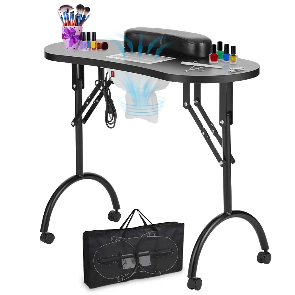 Professional Folding Portable Vented Beauty Manicure Table  Desk Salon  with Fan &Bag (35''x 16''x 28'') (Black)