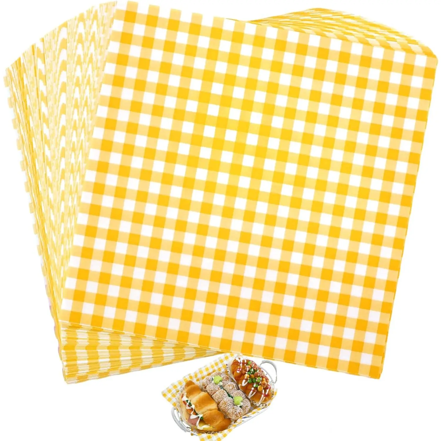 200 count Yellow Checkered Deli Paper, 7x7 Inch Waxed  Wrapping Sheets -  Resistant Basket Liners for Burgers, Sandwiches, Bakery & Party Trays