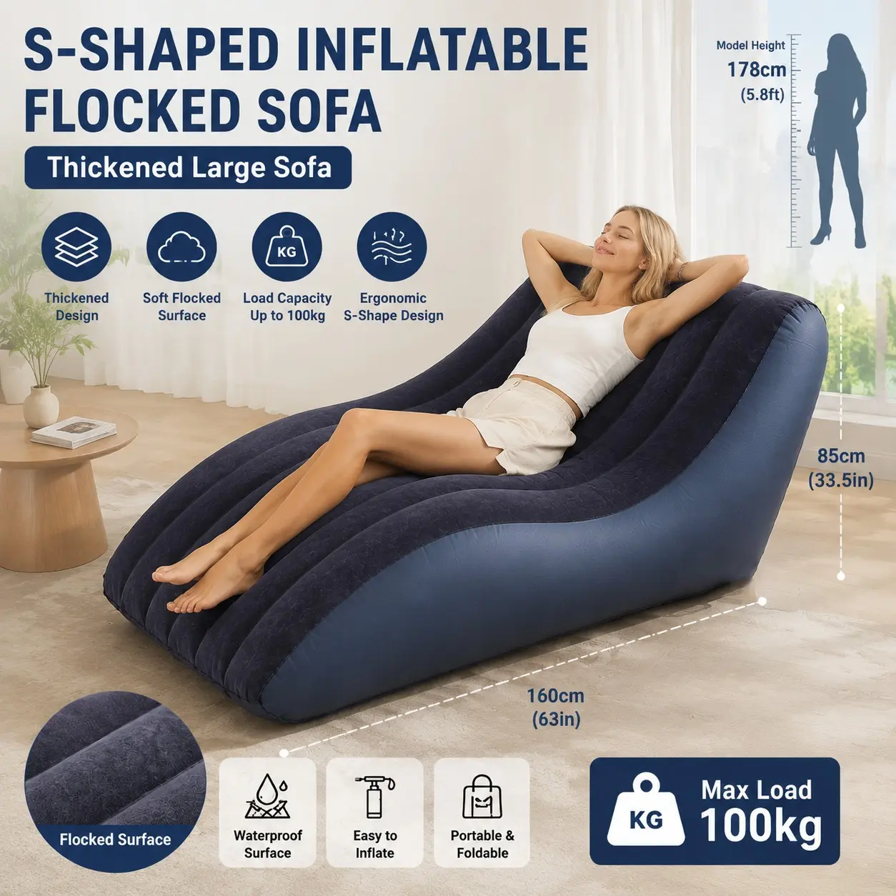 160cm Adult S-Type Inflatable Sofa, Outdoor Camping Chair, Foldable Lounge Chair, Lazy Sofa Chair, Comfortable Backrest, Portable with Handle
