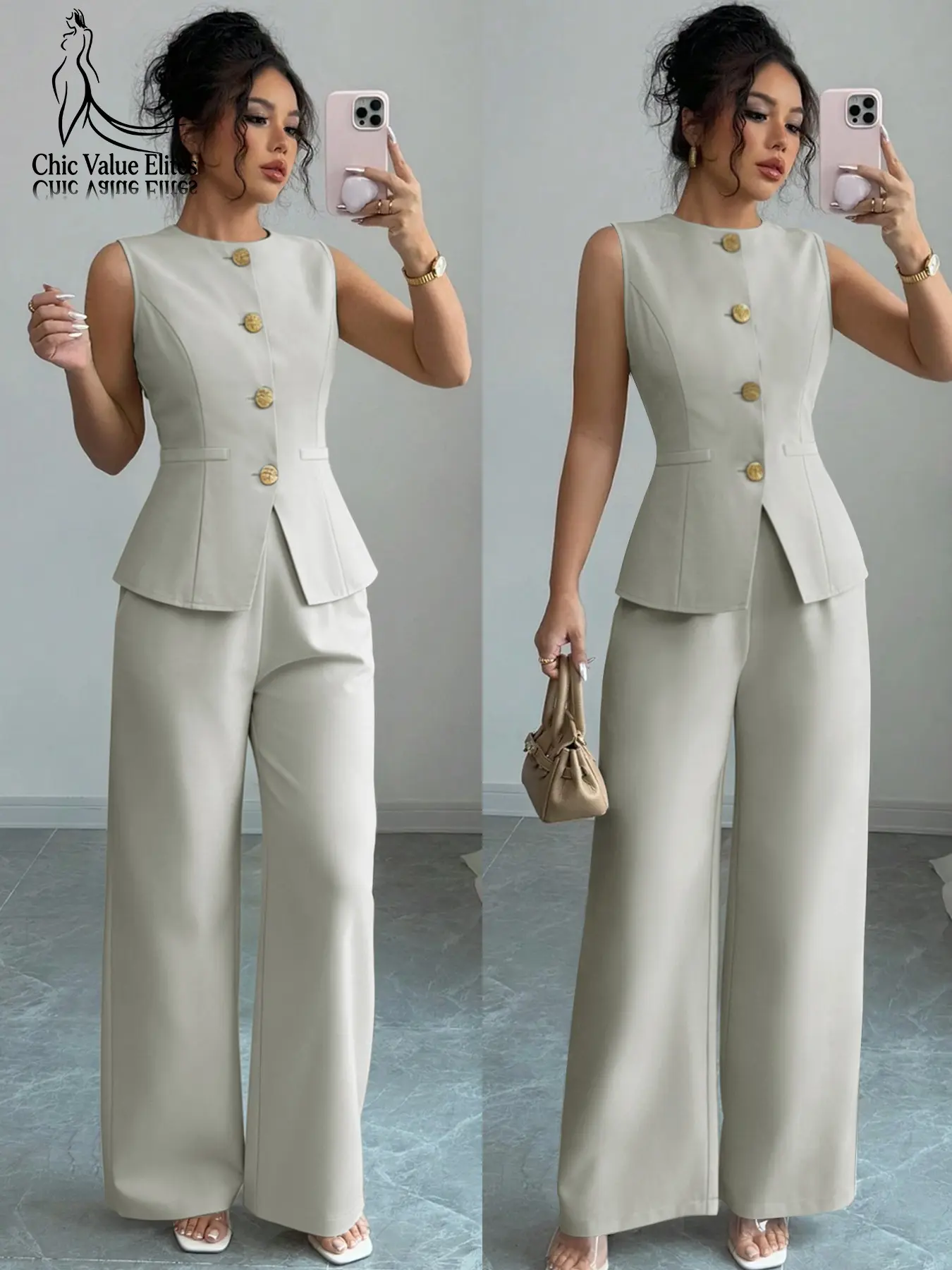 Women's Two-Piece Set Sleeveless Top with Button and Bottom, Sexy Slim Fit Casual Style, Professional Look for Office Wear, Perfect for Daily Use