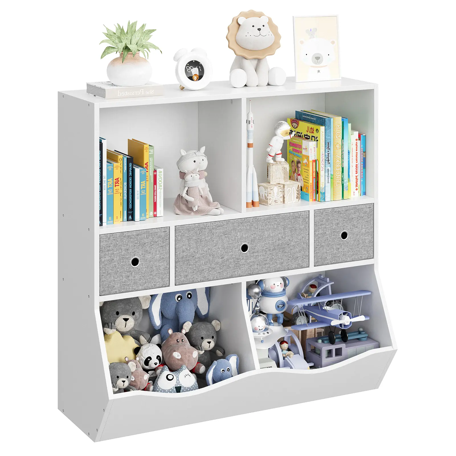 Garvee Multi-Tier Kids Toy Storage Organizer – 3 Movable Drawers, 3-Tier Bookshelf, 7-Cubby Cabinet, Floor Storage Shelf for Playroom, Bedroom, Nursery – For Books & Toys, White, Pink, Grey