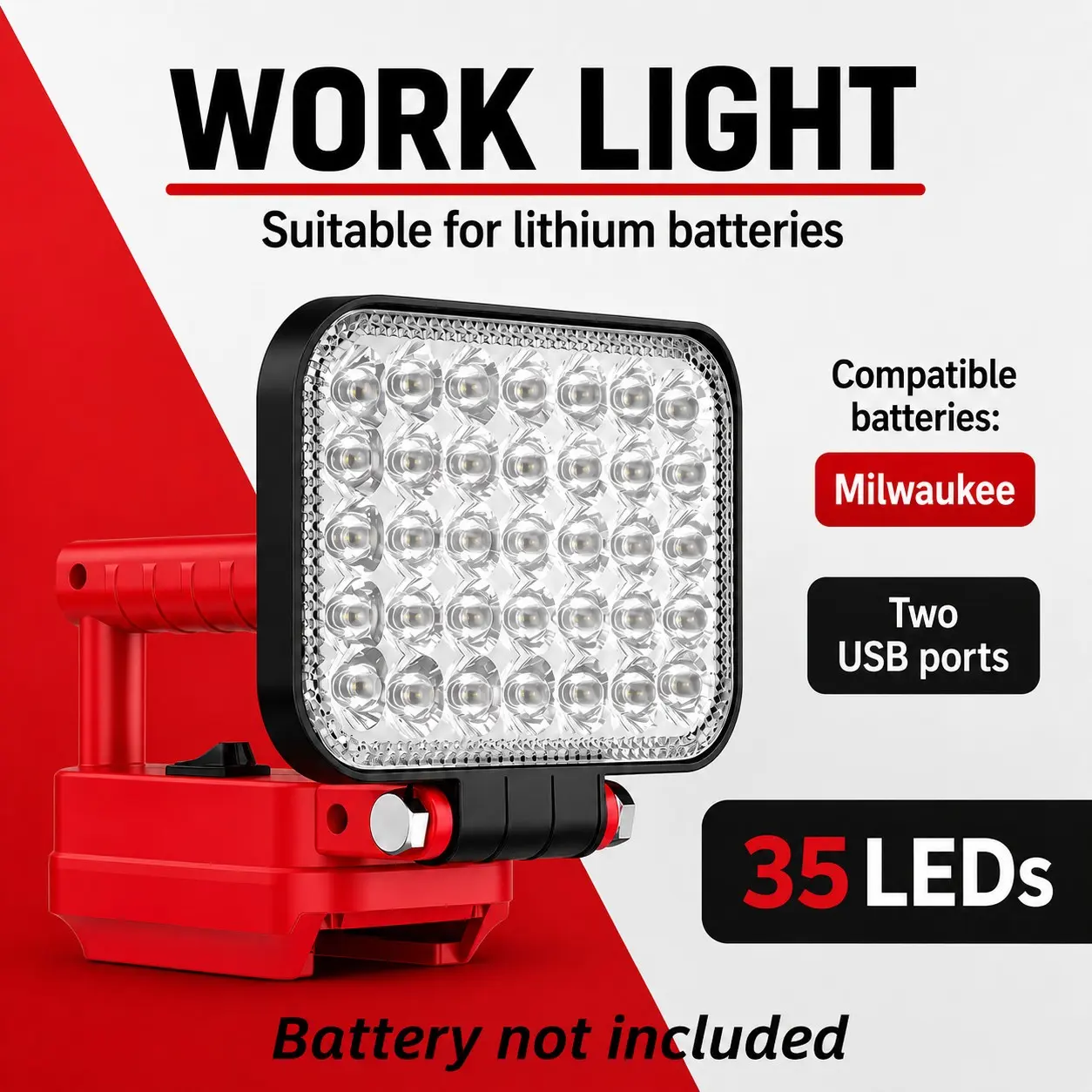 Wireless LED Work Light for Milwaukee 18v Battery, 14w 1600lm Wide Beam, Dual USB Charging Ports, Ideal for Emergency, Workshop, Garage, Portable Mechanic Light, Portable Working Lights