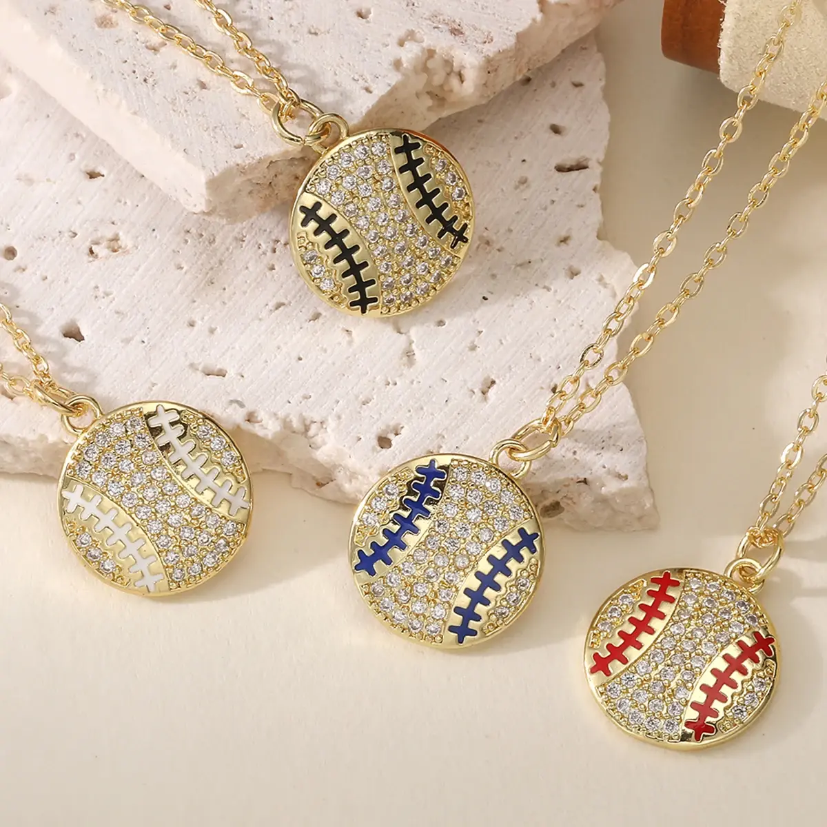 Baseball Pendant Necklace, Gold Pave CZ Enamel Sport Jewelry, Dainty Layering Chain for Baseball Moms and Players