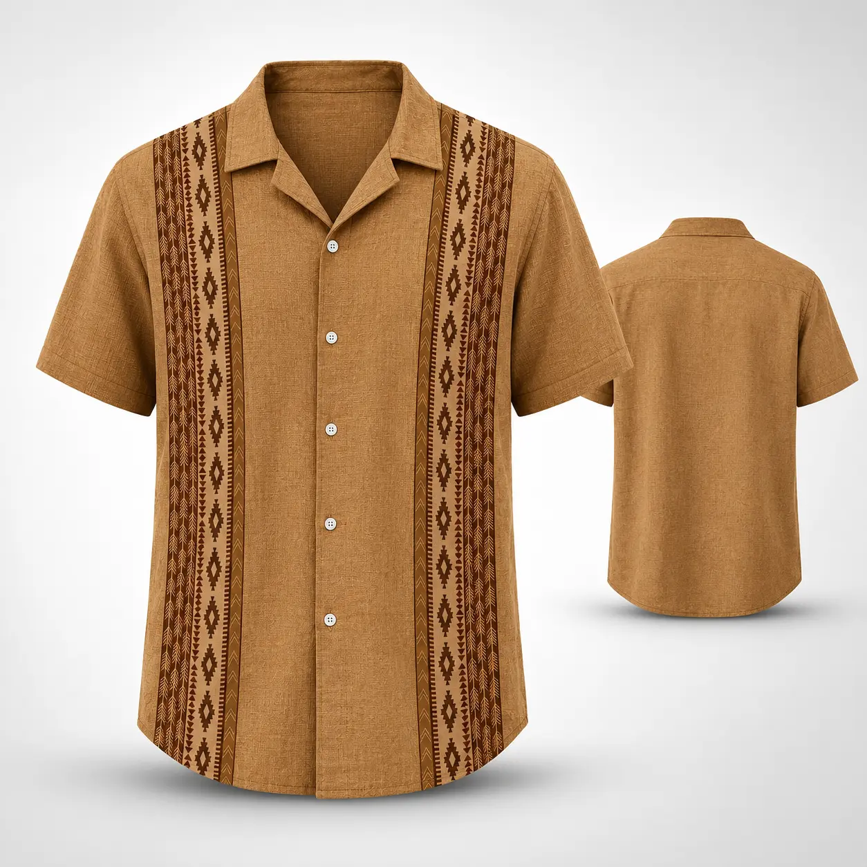 Plus Size Men's Short-Sleeve Vintage Geometric Ethnic Print Button-Up Shirt - Lapel Menswear Casual Top for Party, Holiday, Tops, Shortsleeve