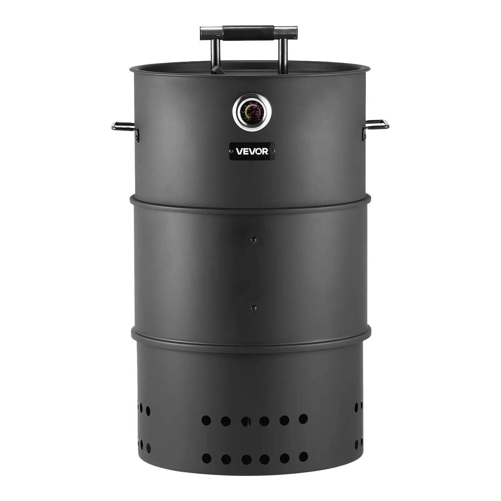 VEVOR 18.5in Rust-Resistant Coated Steel Barbecue Grill - 18.5in Barrel Charcoal Smoker with Lid, Spacious Cooking Area, 2 Grilling Grates, 1 Hanging Rod, 6 Hooks, Thermometer, Side Handles for Outdoor Meat Smoking