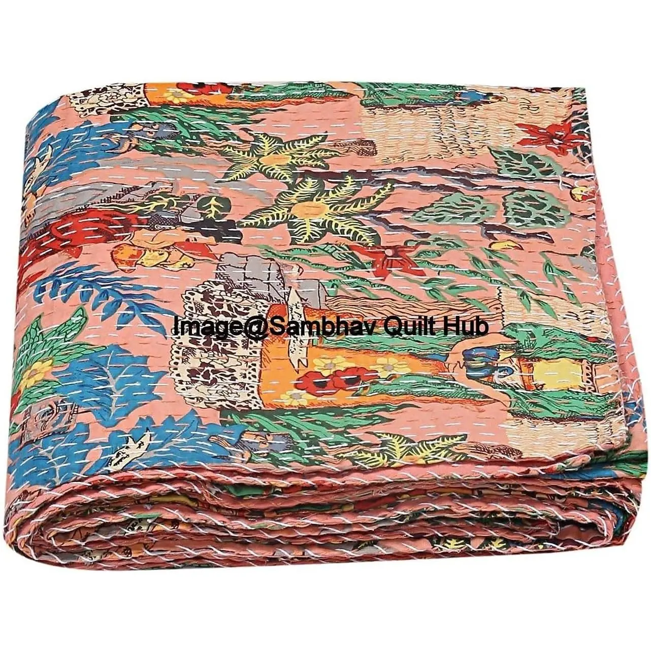 Floral Printed Cotton Quilted Blanket Indian Handmade Kantha Work Bohemian Bedspread Throw Blanket for Bed Decor Twin/King/Queen 60X90 inches