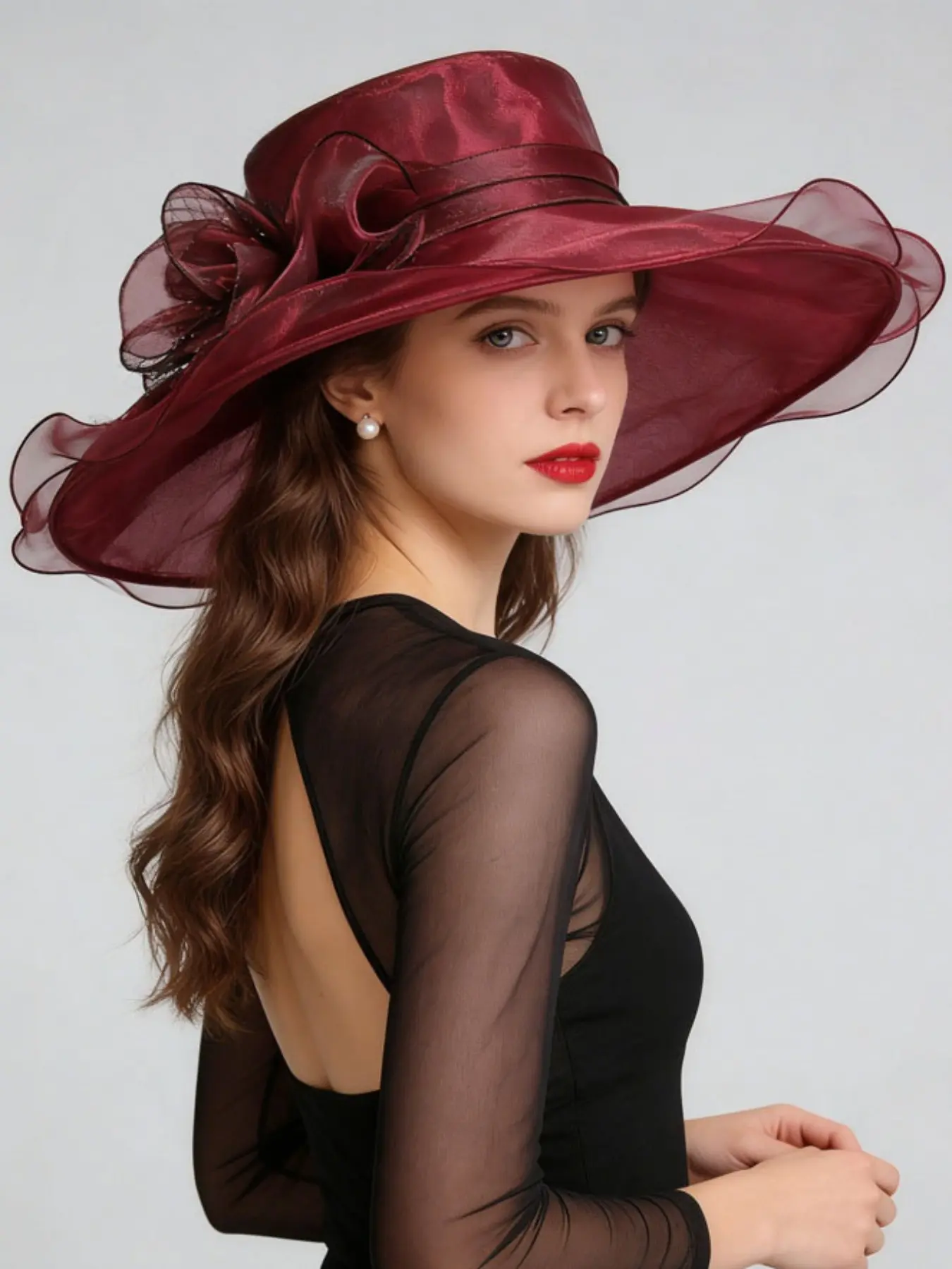 Women's Foldable Summer Hat, Outdoor Sun Protection Flat Top Fedora, Floral Organza Design, Fashionable UV Shield Cap for Women, Portability