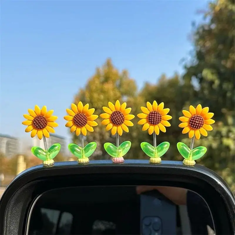 Set of 5 adorable car dashboard ornaments with sunflowers — interior accessory with a shaking head for the center console; car accessories gift (car items, Father’s Day and graduation gifts).