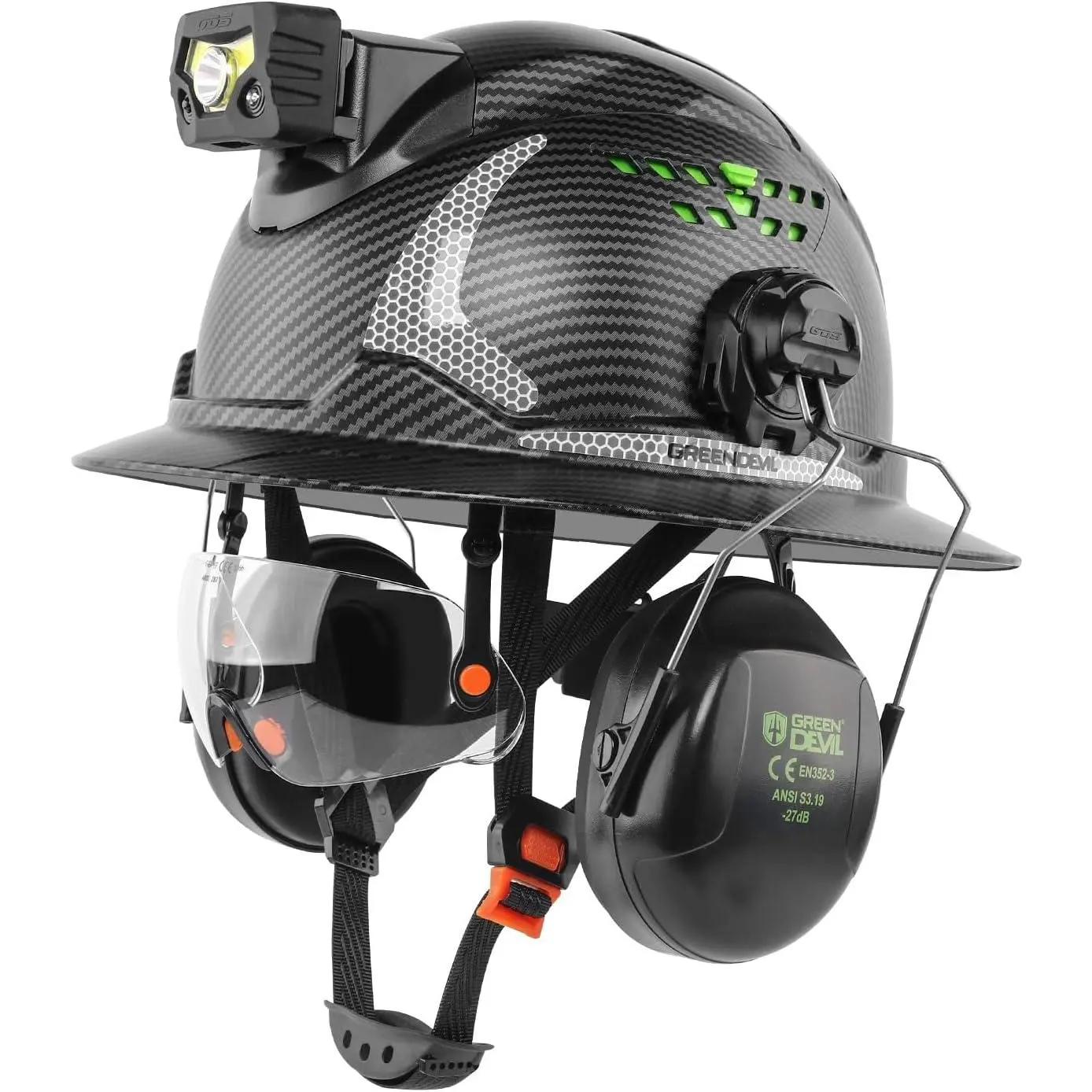 Full Brim Hard Hat with Built-In Headlight, Flip-Up Visor & Earmuffs, 4-in-1 Vented Construction Helmet, Adjustable Ratchet Suspension, Sweatband, Chin Strap, Hi-Viz Reflective Stripe, Lightweight HDPE, Job Site Ready